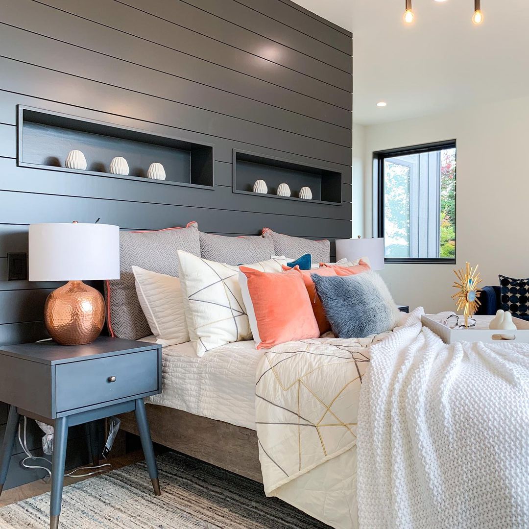 Contemporary Bedroom with Dark Grey Shiplap Accent Wall