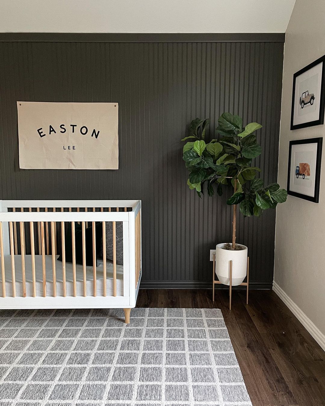 Stylish Nursery with Dark Grey Shiplap and Modern Decor