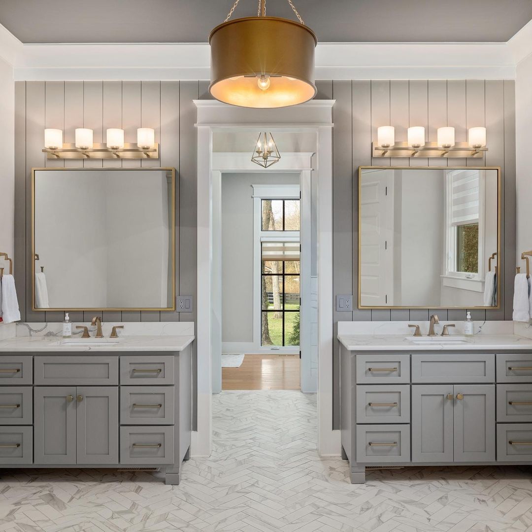 Symmetrical Elegance with Grey Shiplap in the Bathroom