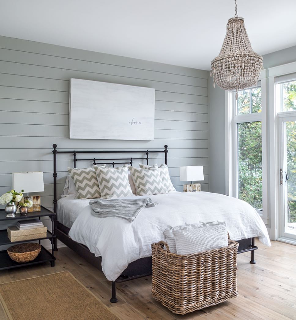 Modern Farmhouse Bedroom with Grey Shiplap Accent Wall