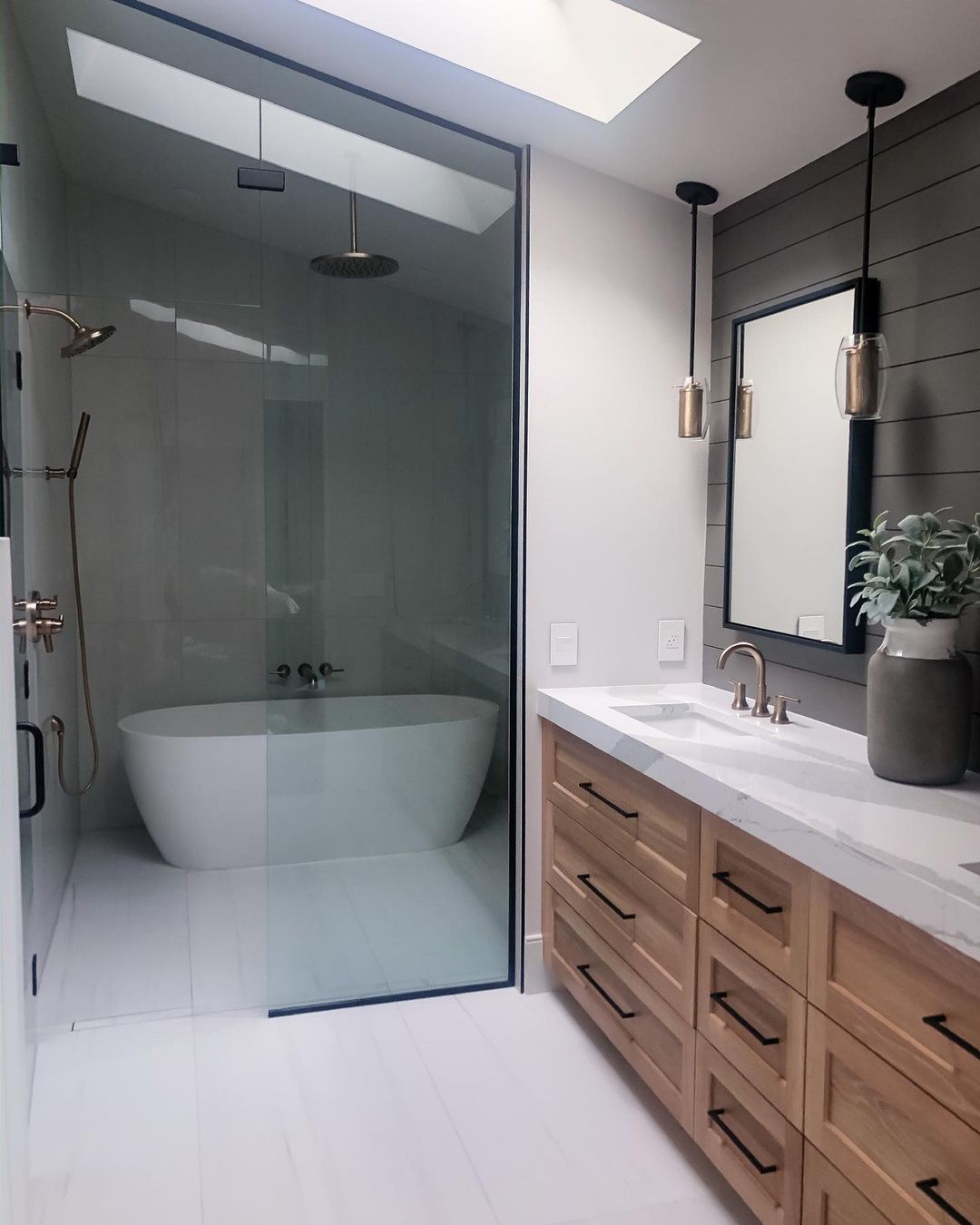 Modern Bathroom with Grey Shiplap Accent Wall