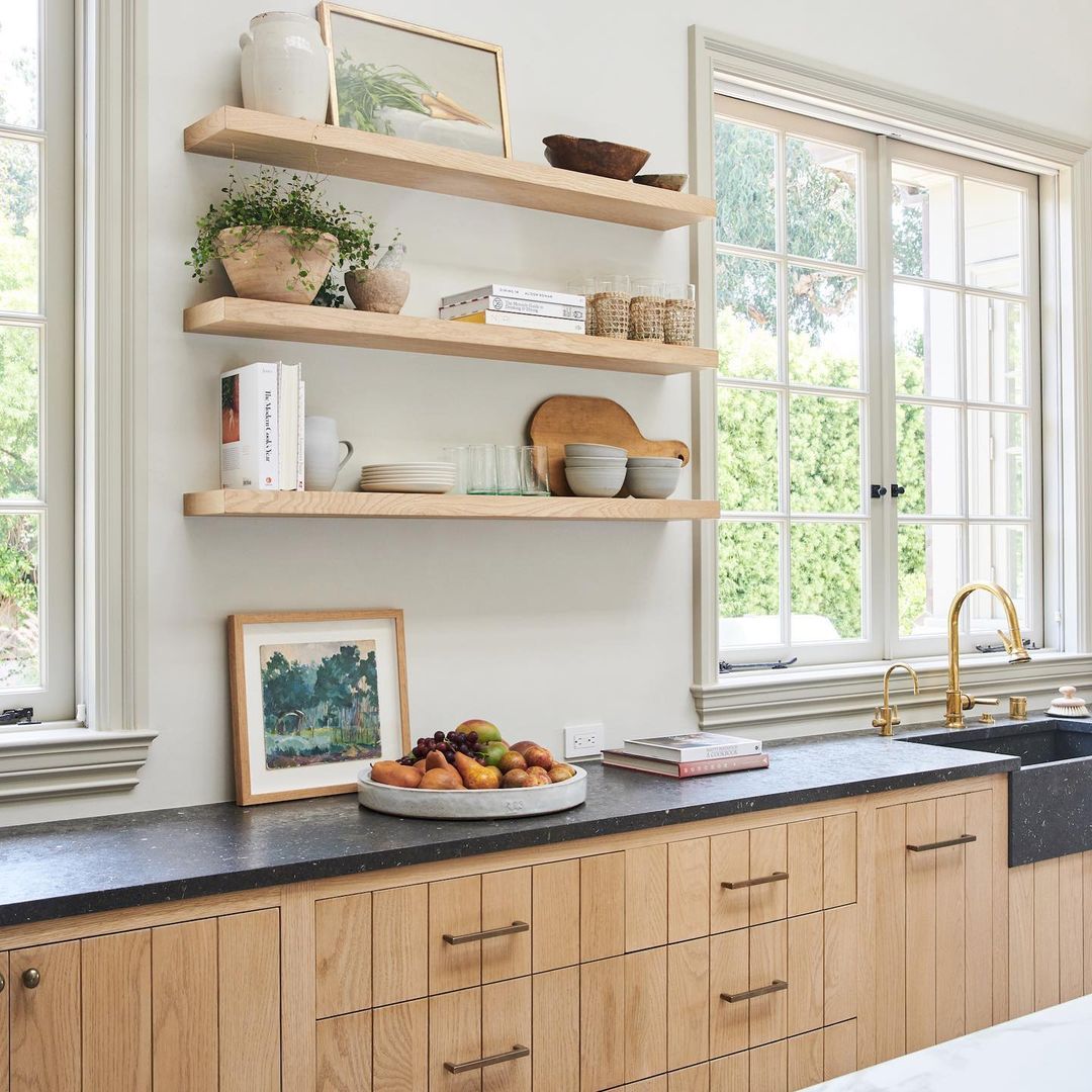 Light and Airy Natural Wood Cabinets with Open Shelving