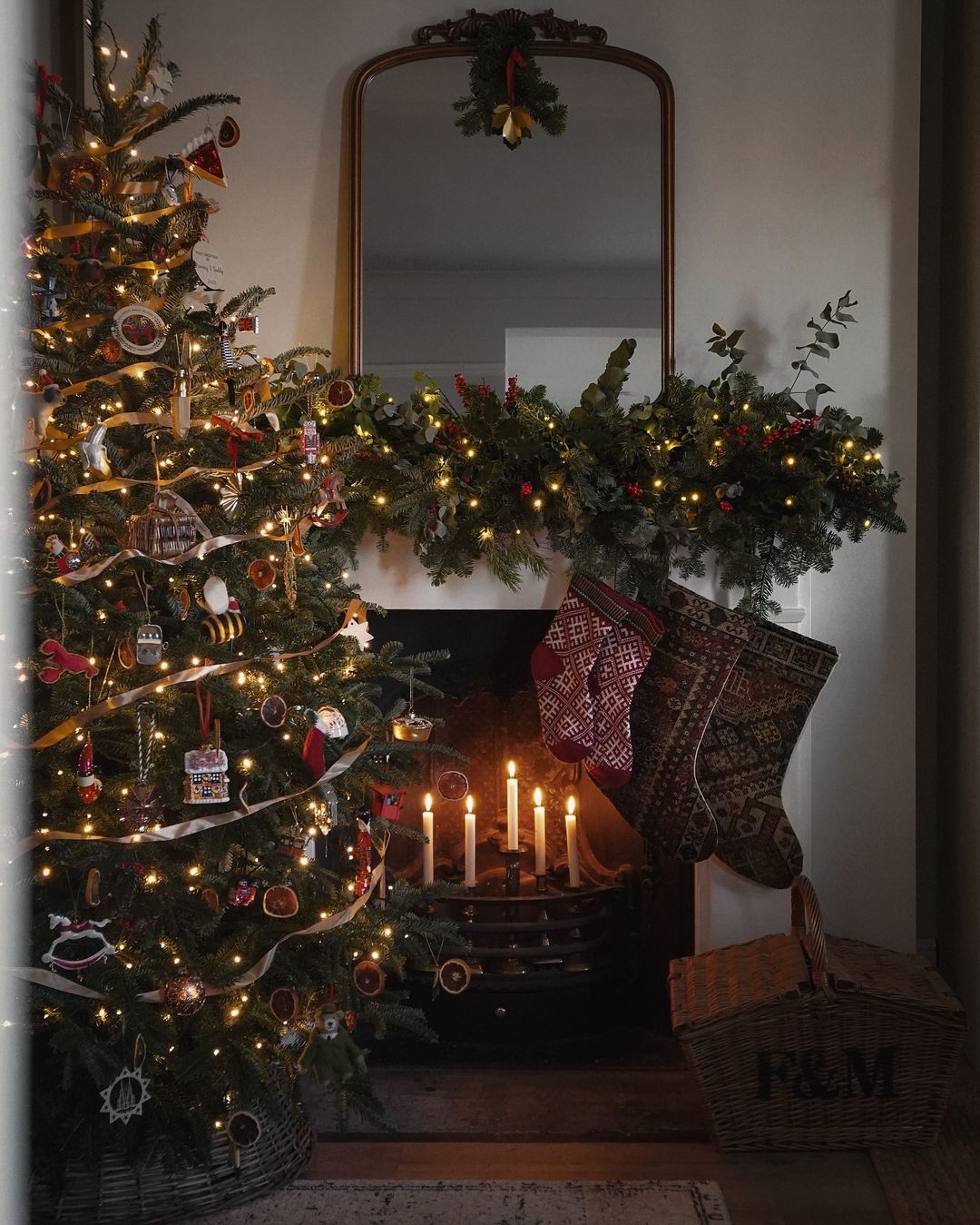 Festive Fireplace Decor with Traditional Candles