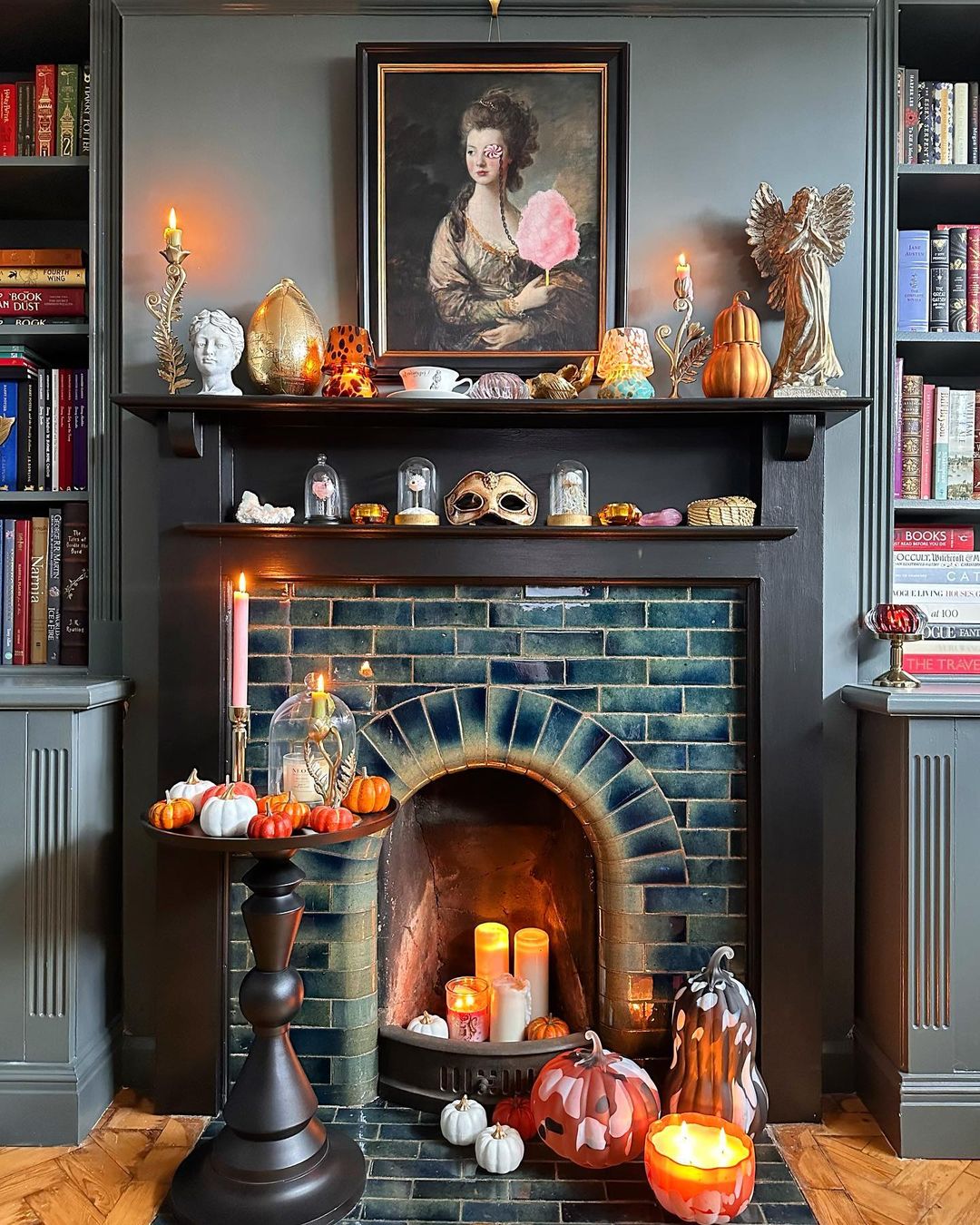 Eclectic Fireplace with Seasonal Candle Display