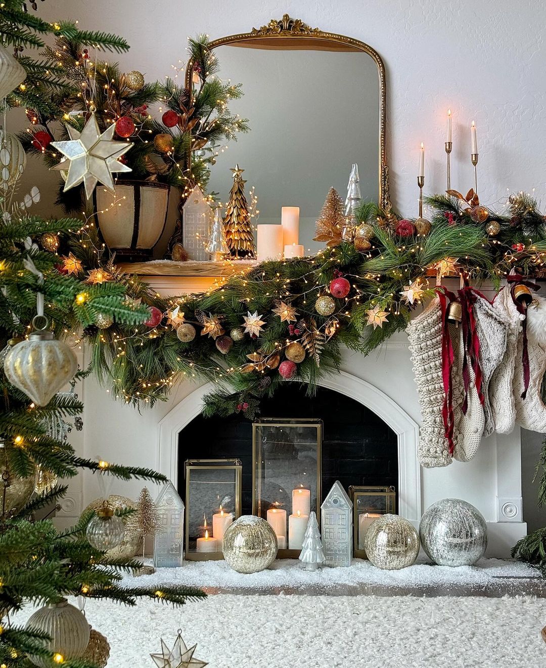 Festive Fireplace with Candles and Ornaments