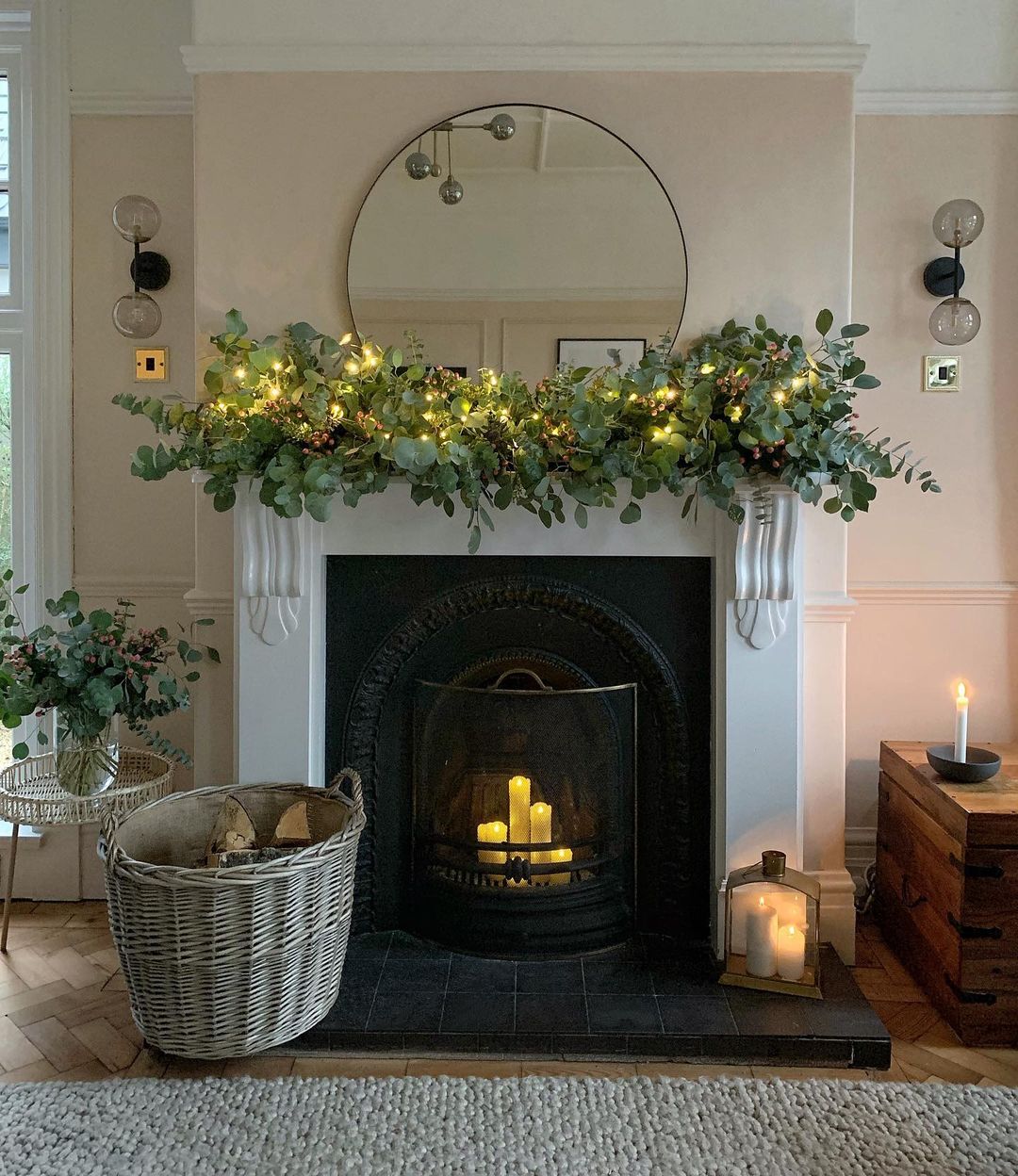 Classic Fireplace with Eucalyptus and Candle Glow