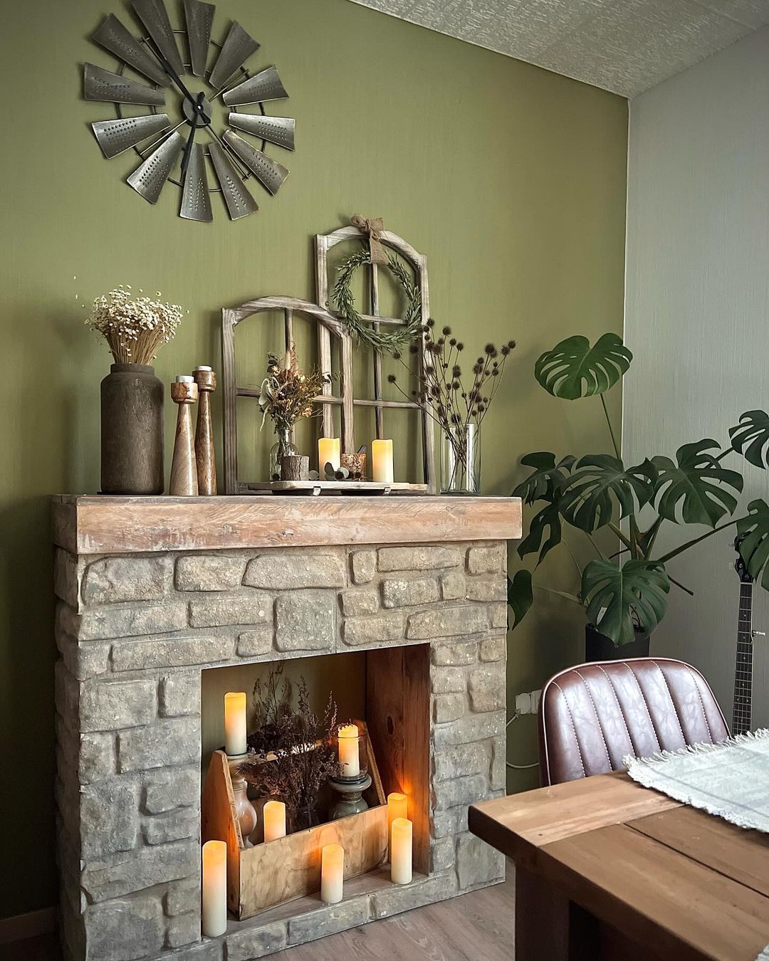 Rustic Fireplace with Natural Candle Decor