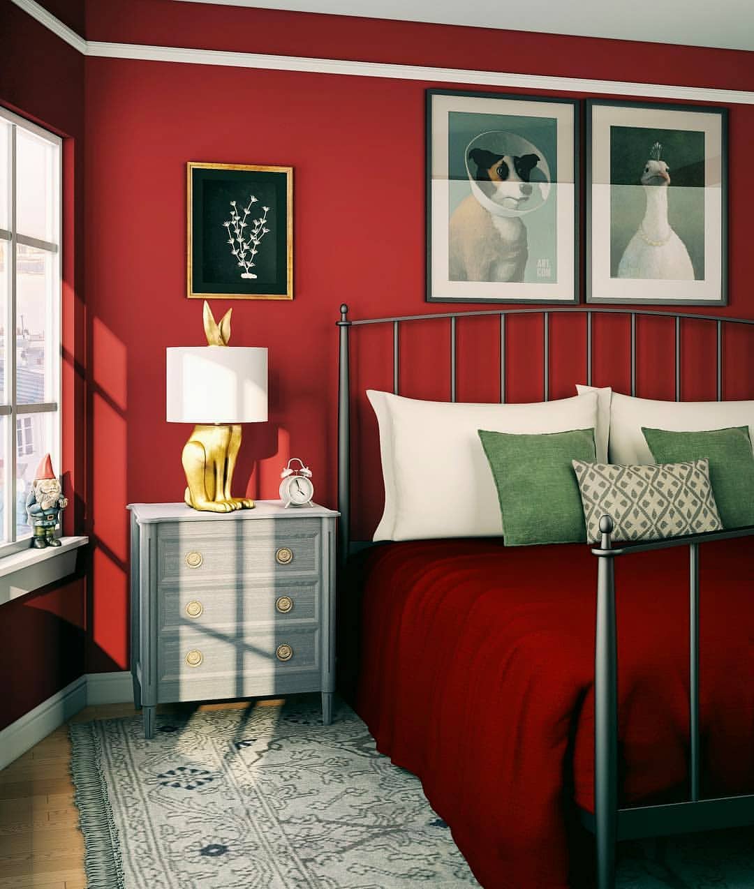 Sophisticated Red and Green Bedroom