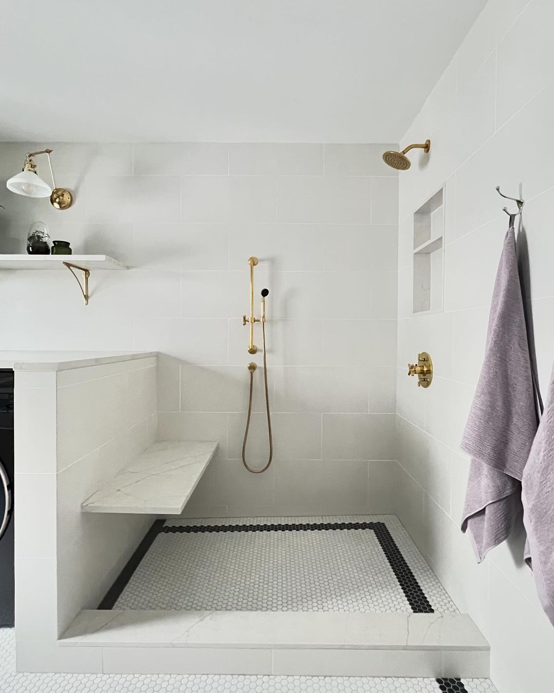 Classic White Shower Pan with Penny Tile and Floating Bench
