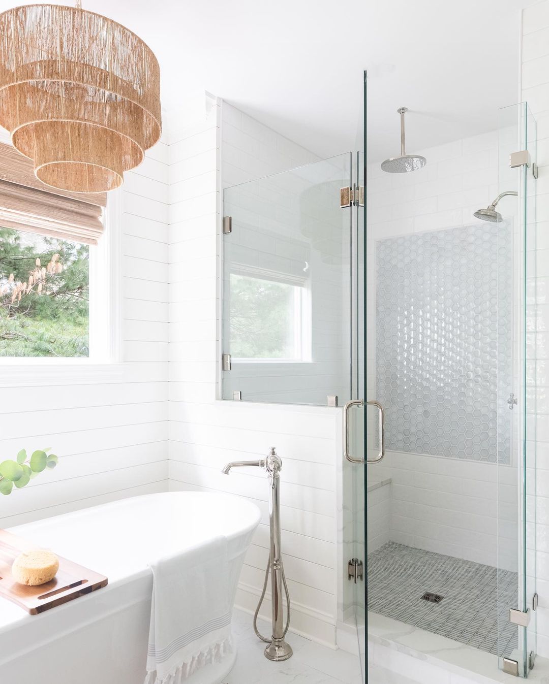 Serene White Shower with Penny Tile Pan and Bench