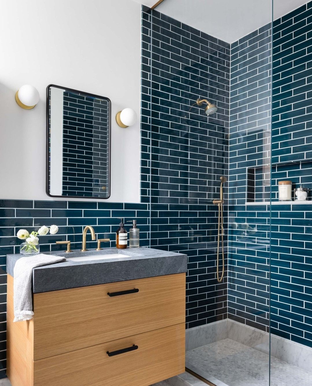 Bold Navy Tile Shower Pan with Functional Niches