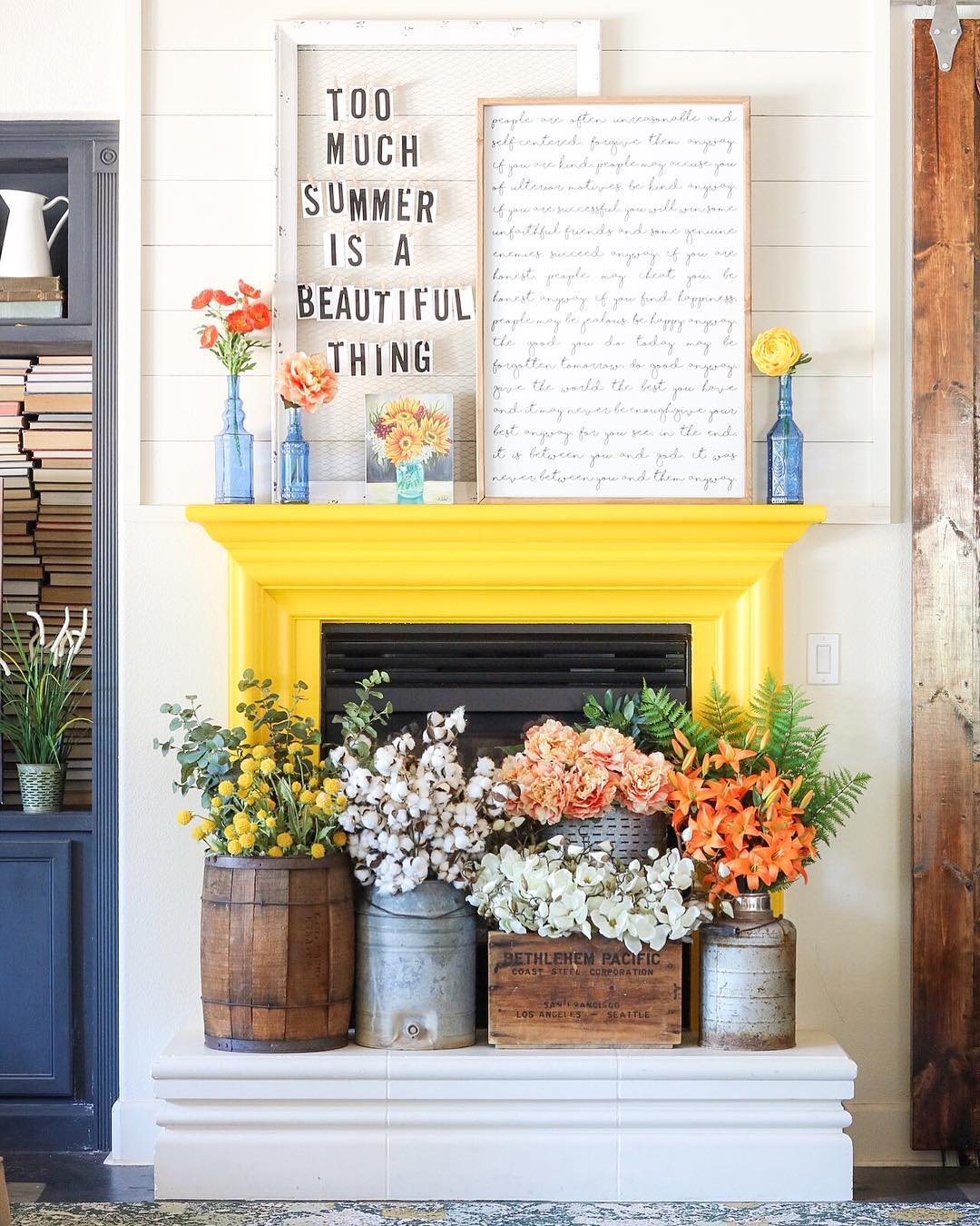 Bright and Floral Summer Mantel with a Bold Statement