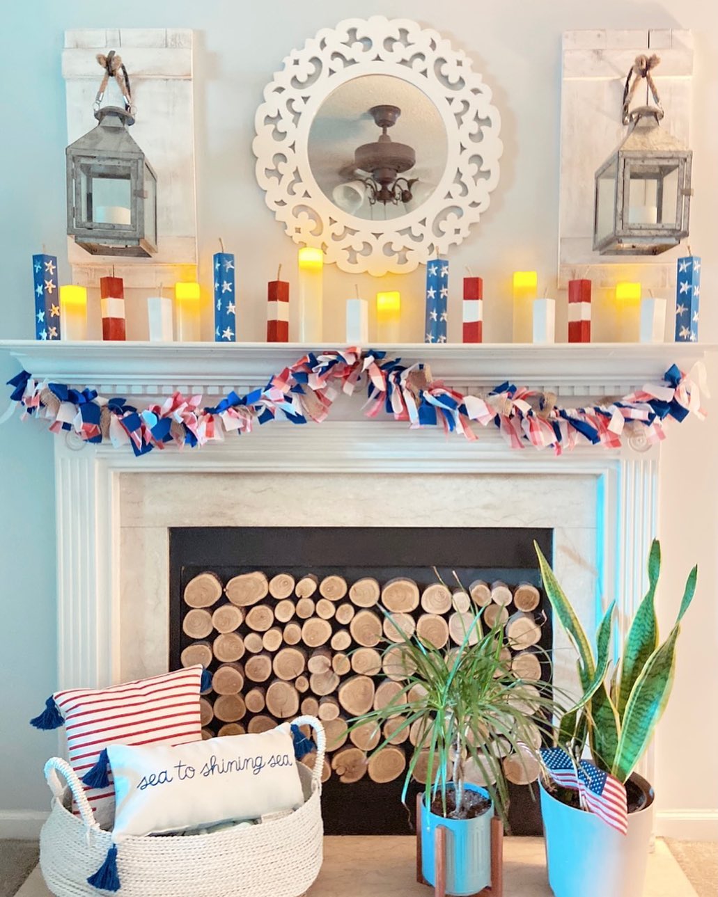 Festive Red, White, and Blue for a Patriotic Summer Mantel