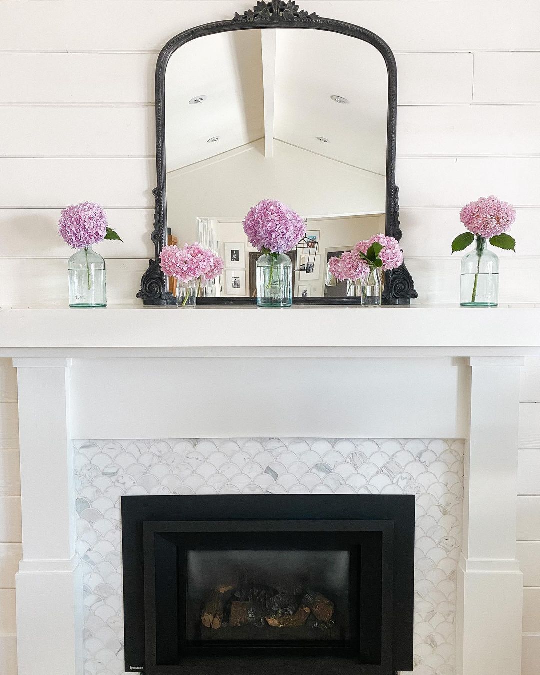 Elegant Hydrangeas and Mirror for a Simple Summer Mantel