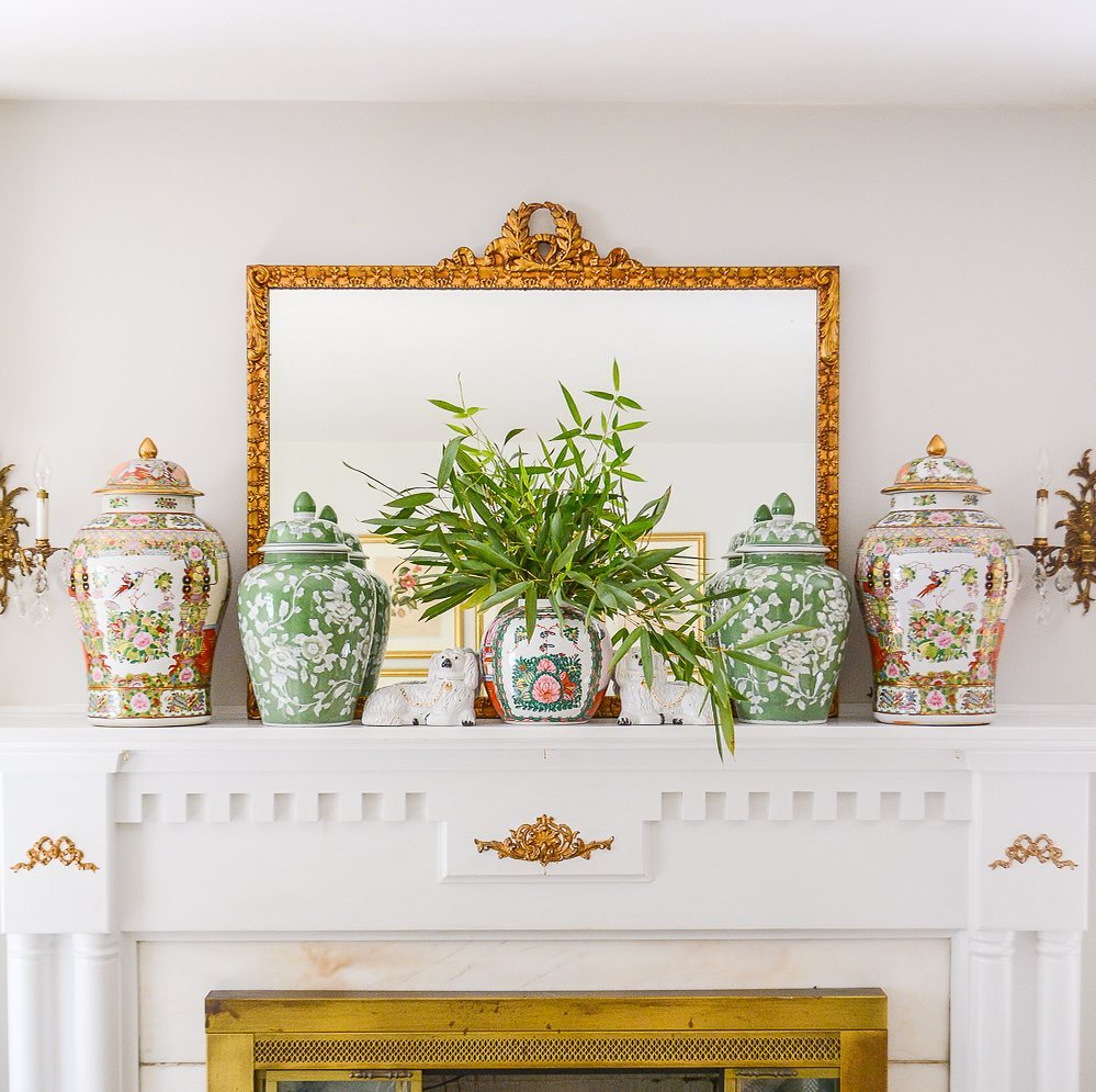 Elegant Oriental Vases and Greenery for a Sophisticated Summer Mantel