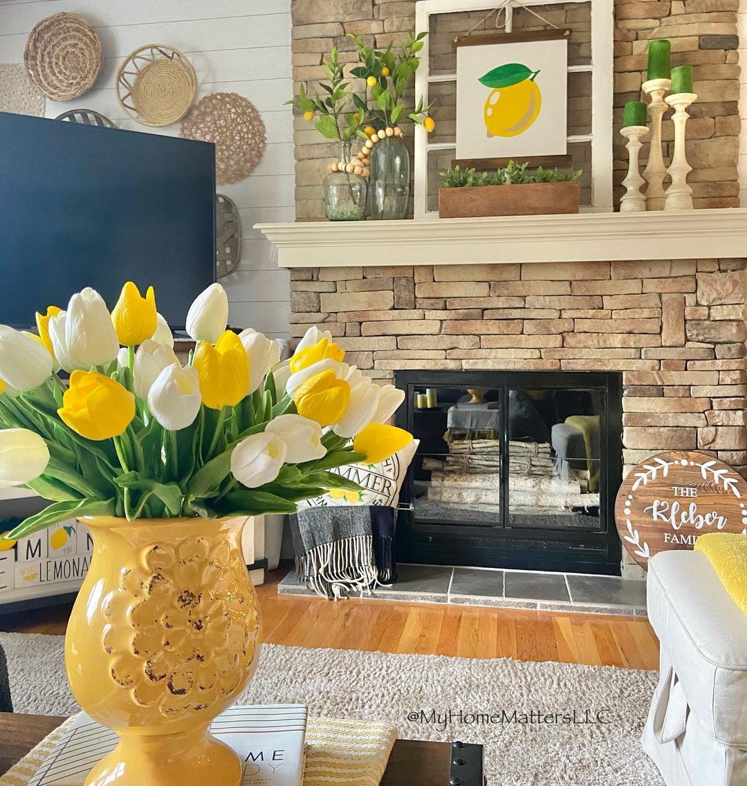 Sunny Yellow Accents for a Cheerful Summer Fireplace Decor
