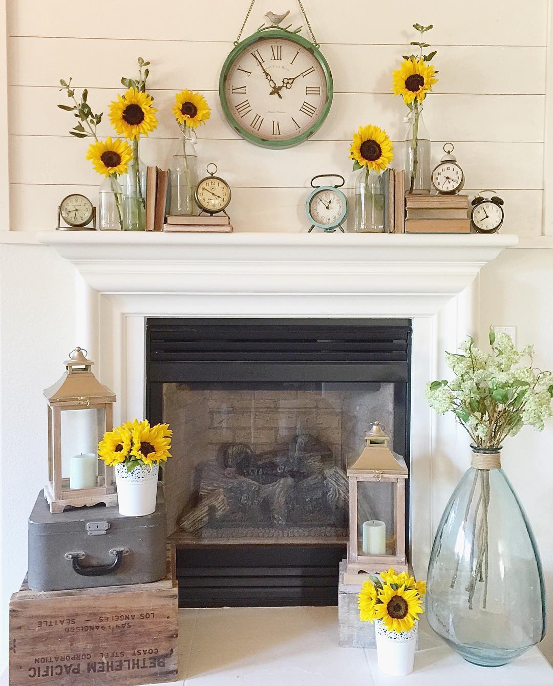 Rustic Sunflower Charm for a Welcoming Summer Fireplace Mantel Decor