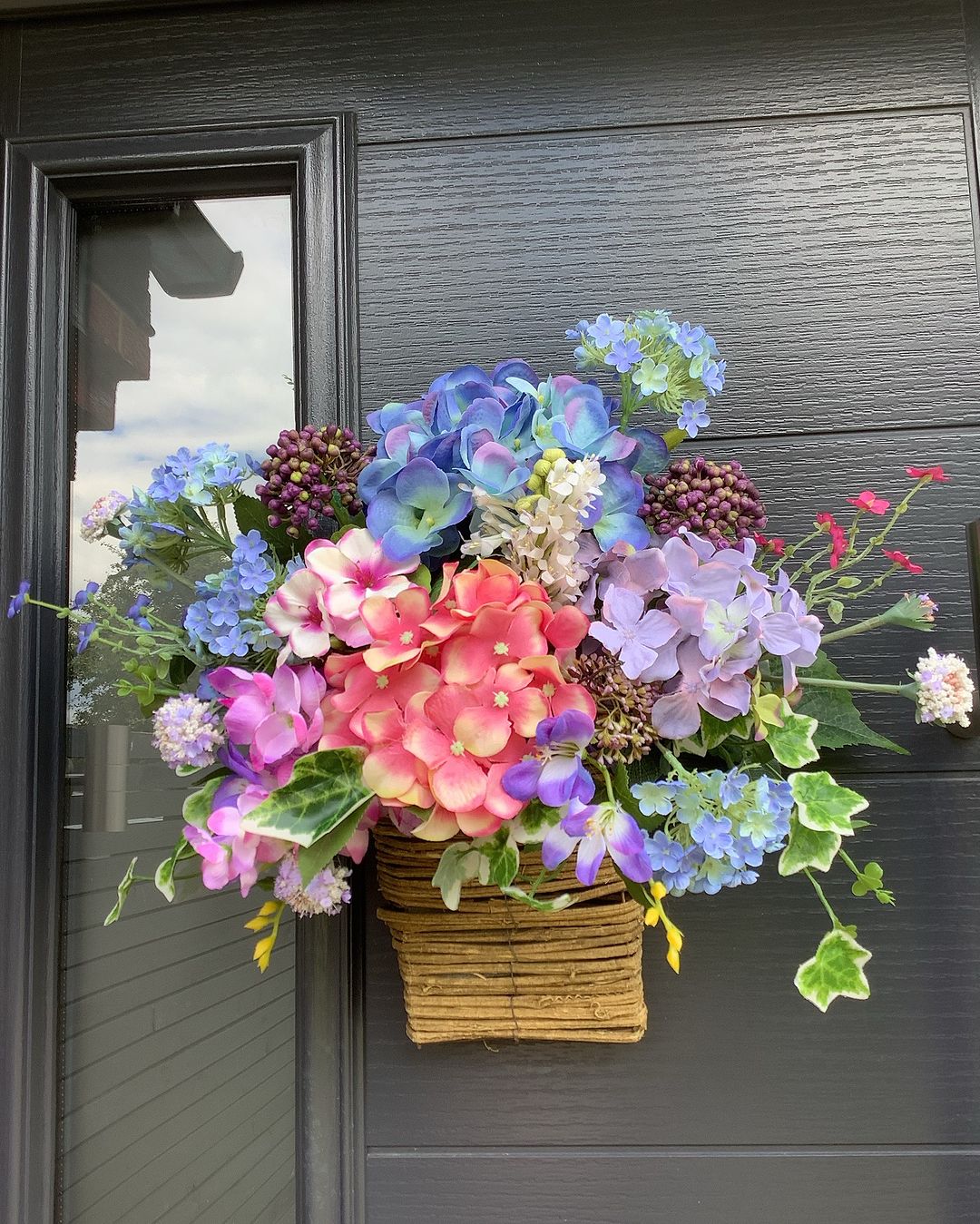 Colorful Hydrangea and Ivy Door Basket