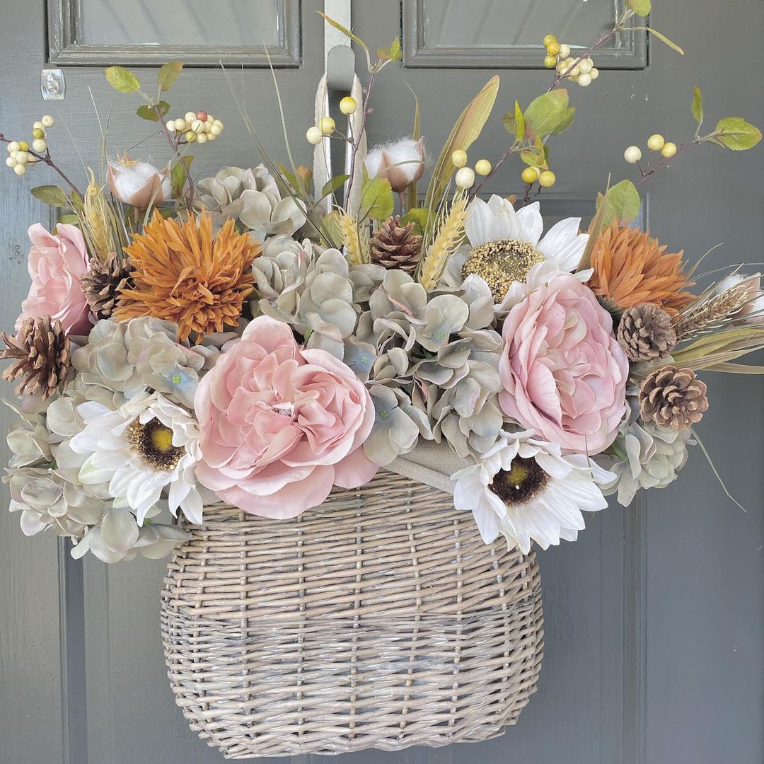 Autumn Blooms and Pinecones Door Basket