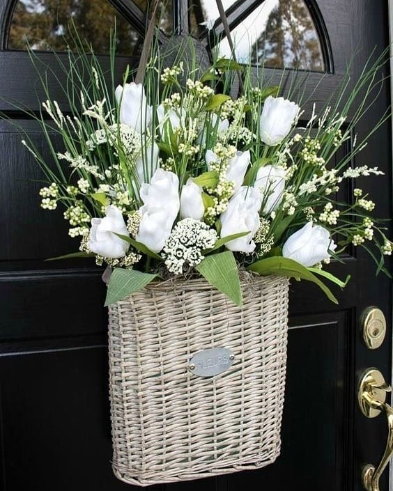 Classic White Tulip and Greenery Door Basket
