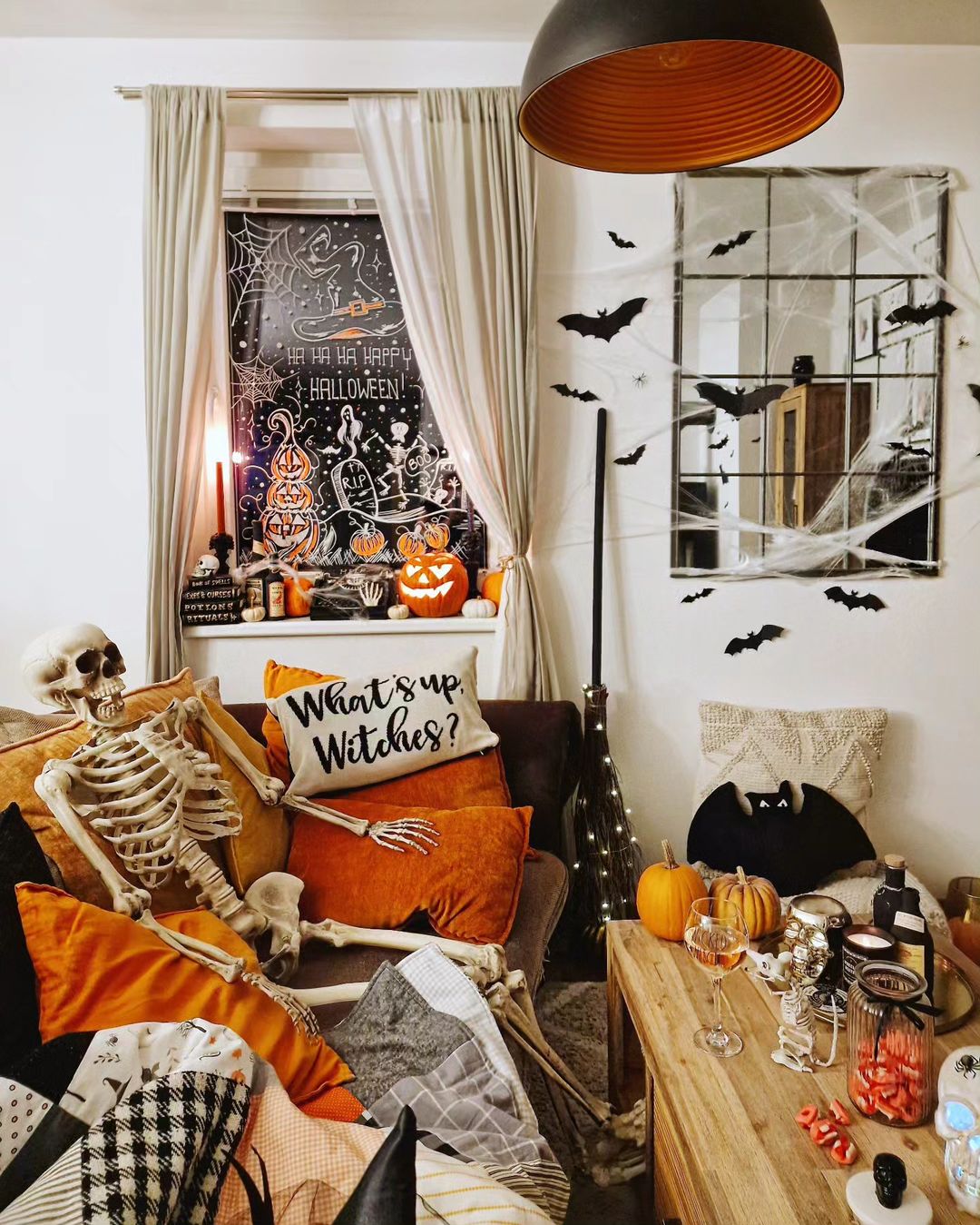 Playful Halloween Living Room with Skeleton Decor