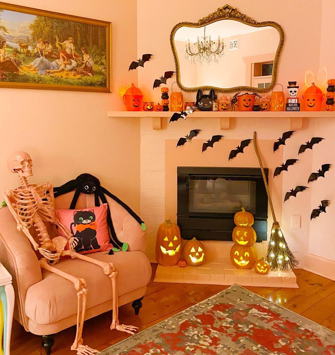 Whimsical Halloween Living Room with Skeleton Decor
