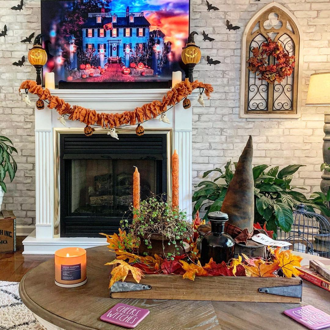 Warm Halloween Living Room with Seasonal Decor