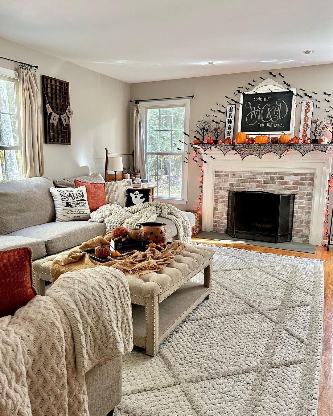 Cozy Halloween Living Room with Knitted Decor