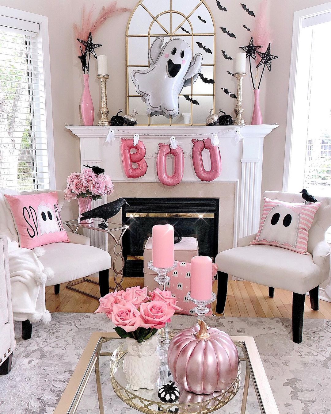 Charming Pink Halloween Living Room with Ghost Decor