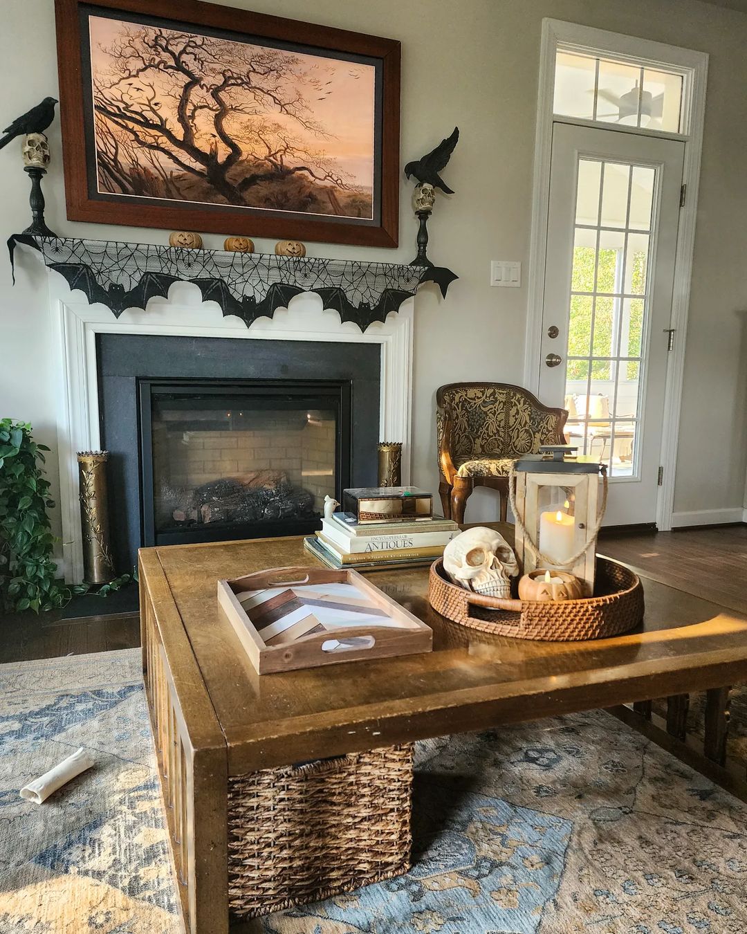 Elegant Halloween Living Room with Subtle Spooky Accents