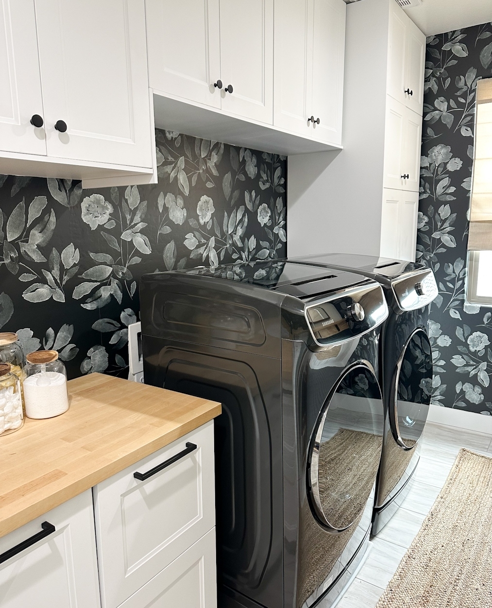 Monochrome Florals for a Sophisticated Laundry Room