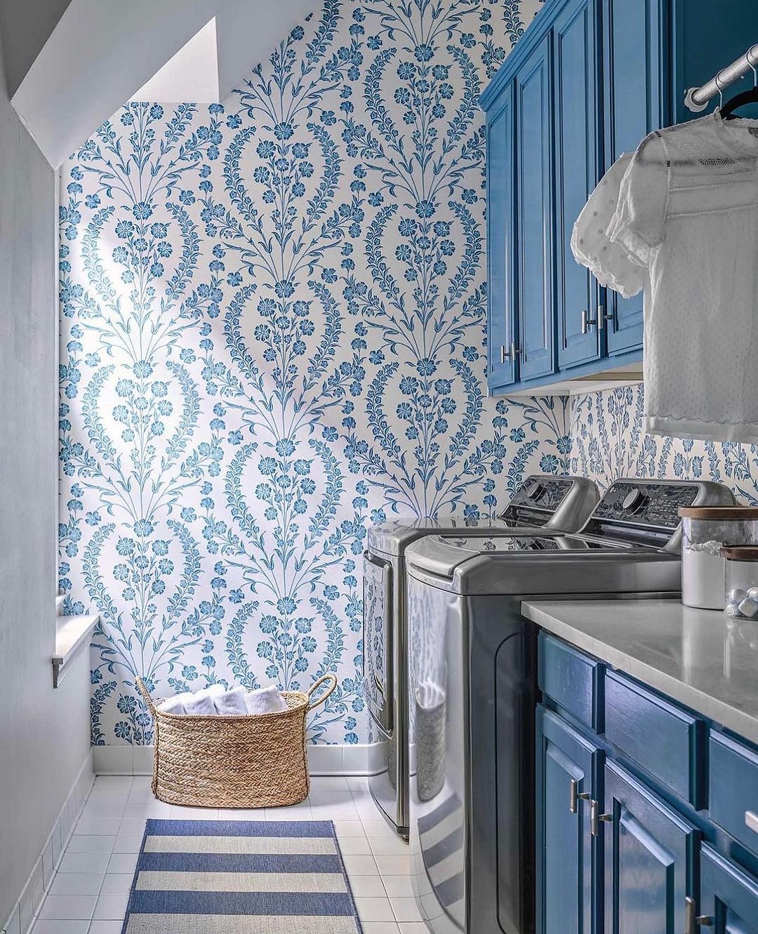 Blue and White Damask for a Classic Laundry Room