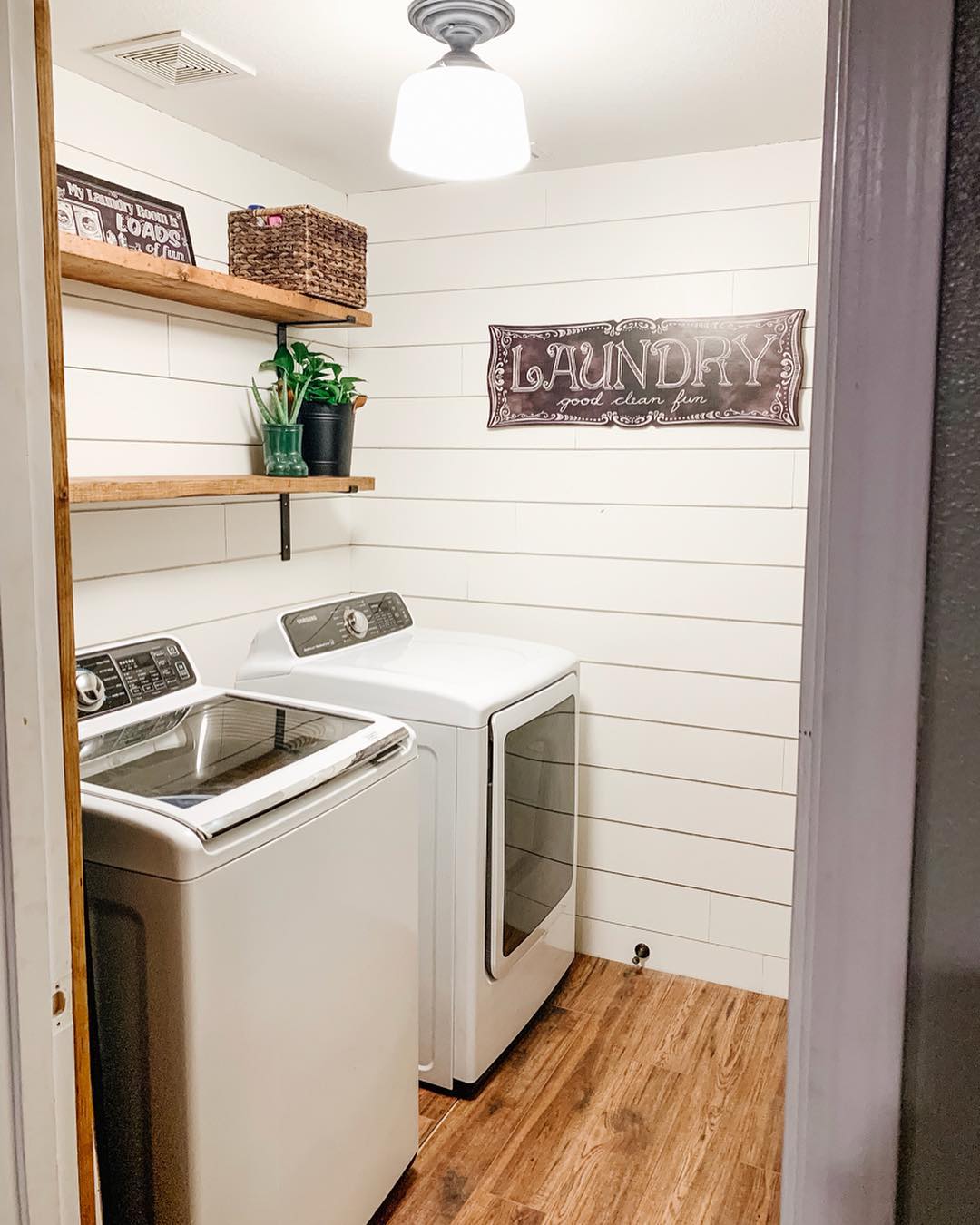 Enhance Warmth with Wood Accents in a Shiplap Laundry Room