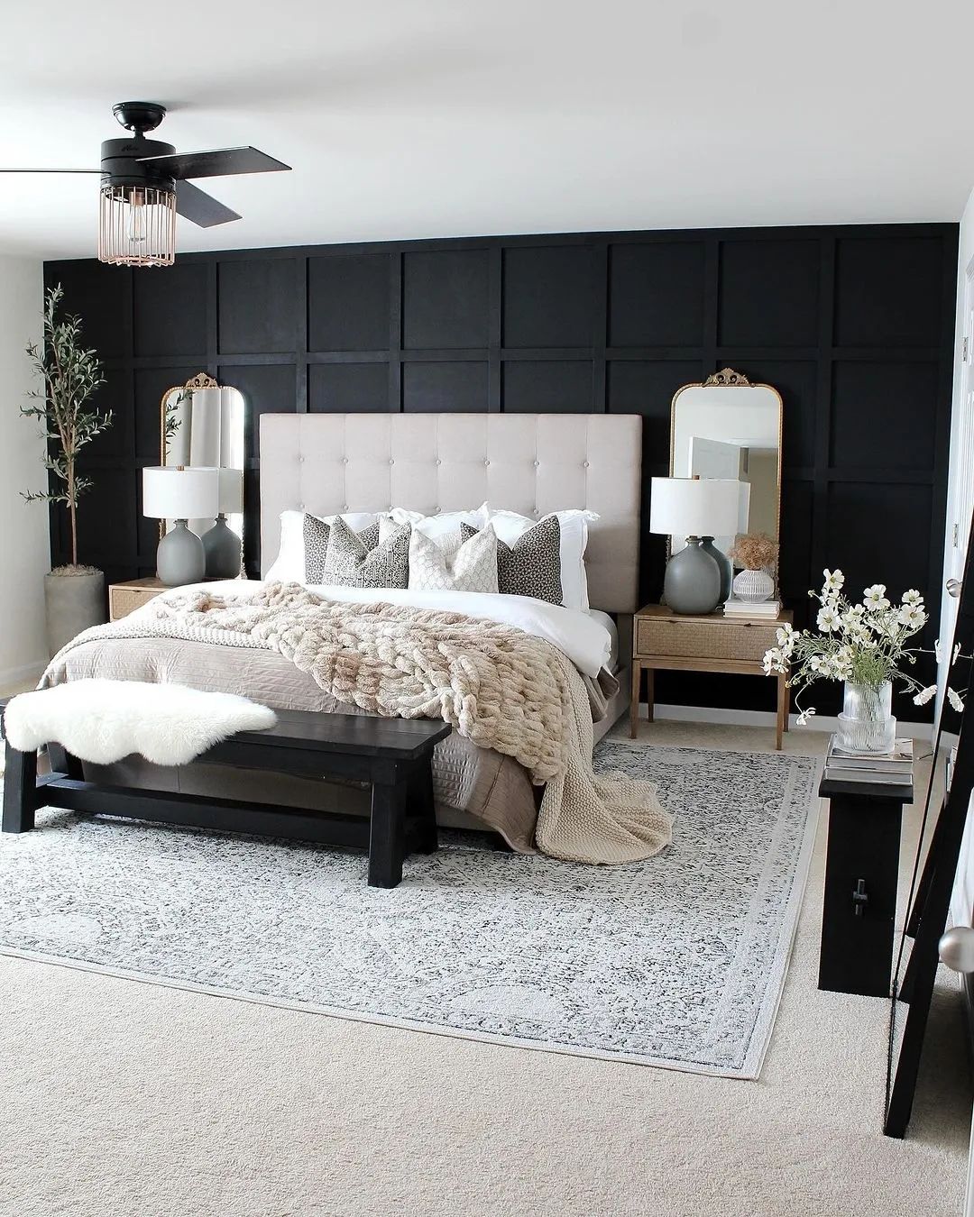 Serene Bedroom with Dramatic Black Wall