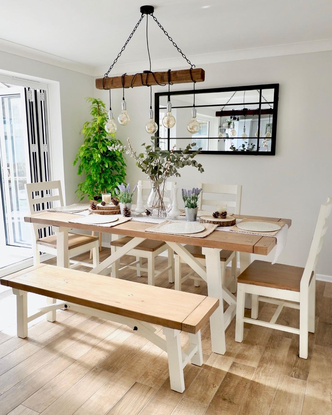 Rustic Dining Room with Grid Mirror