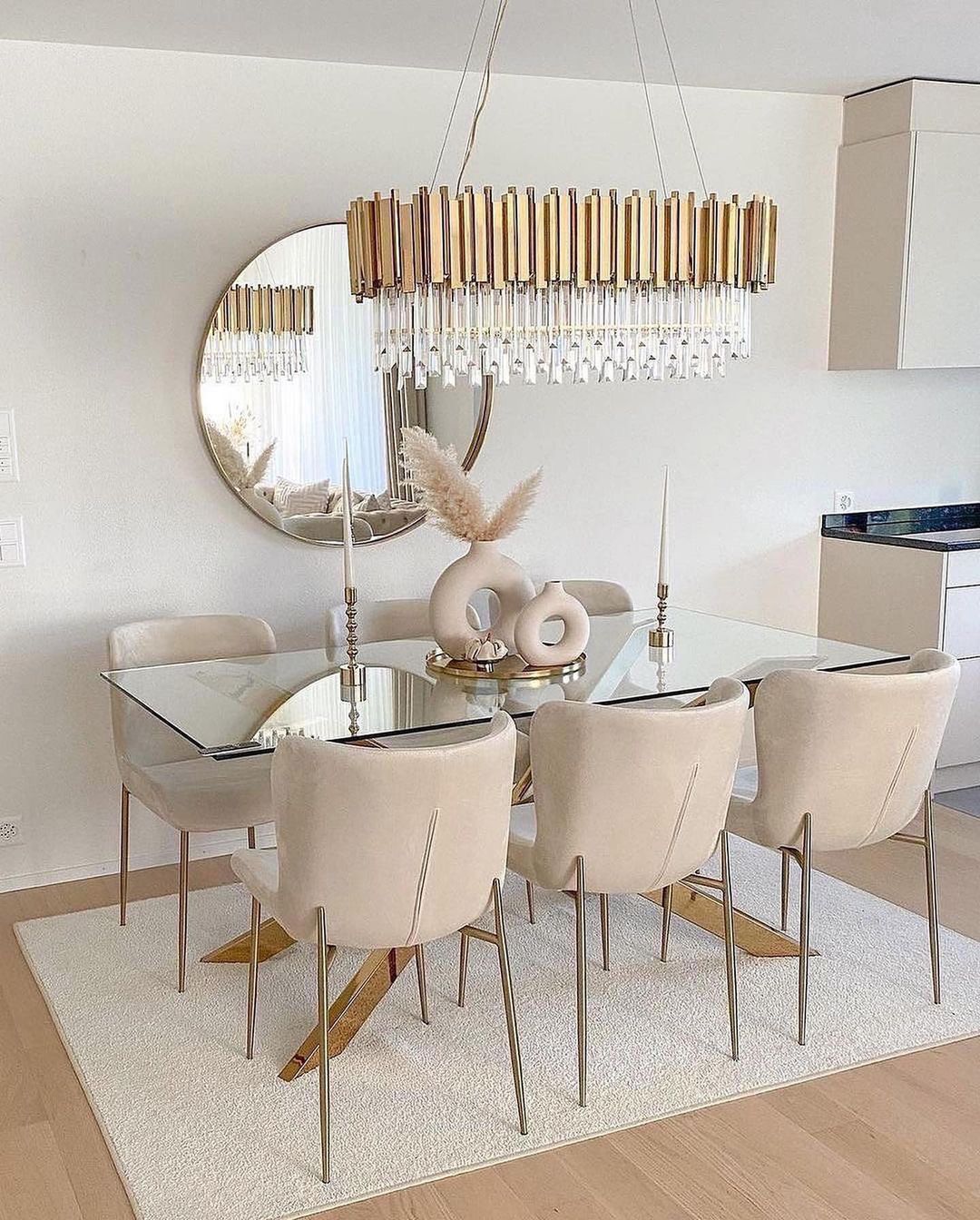 Contemporary Dining Room with Round Mirror