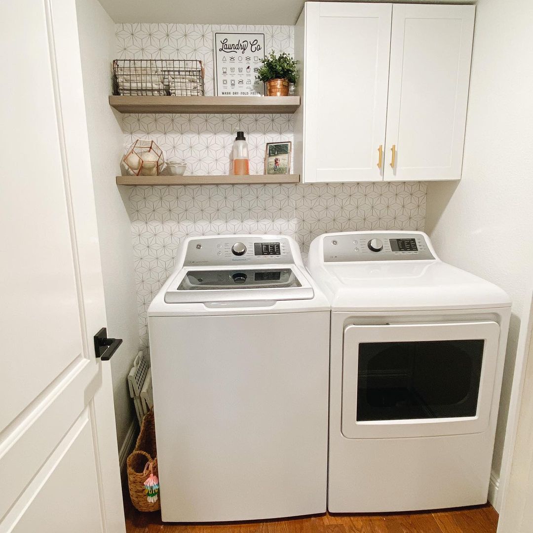 Clean and Modern Laundry Room with Geometric Backsplash