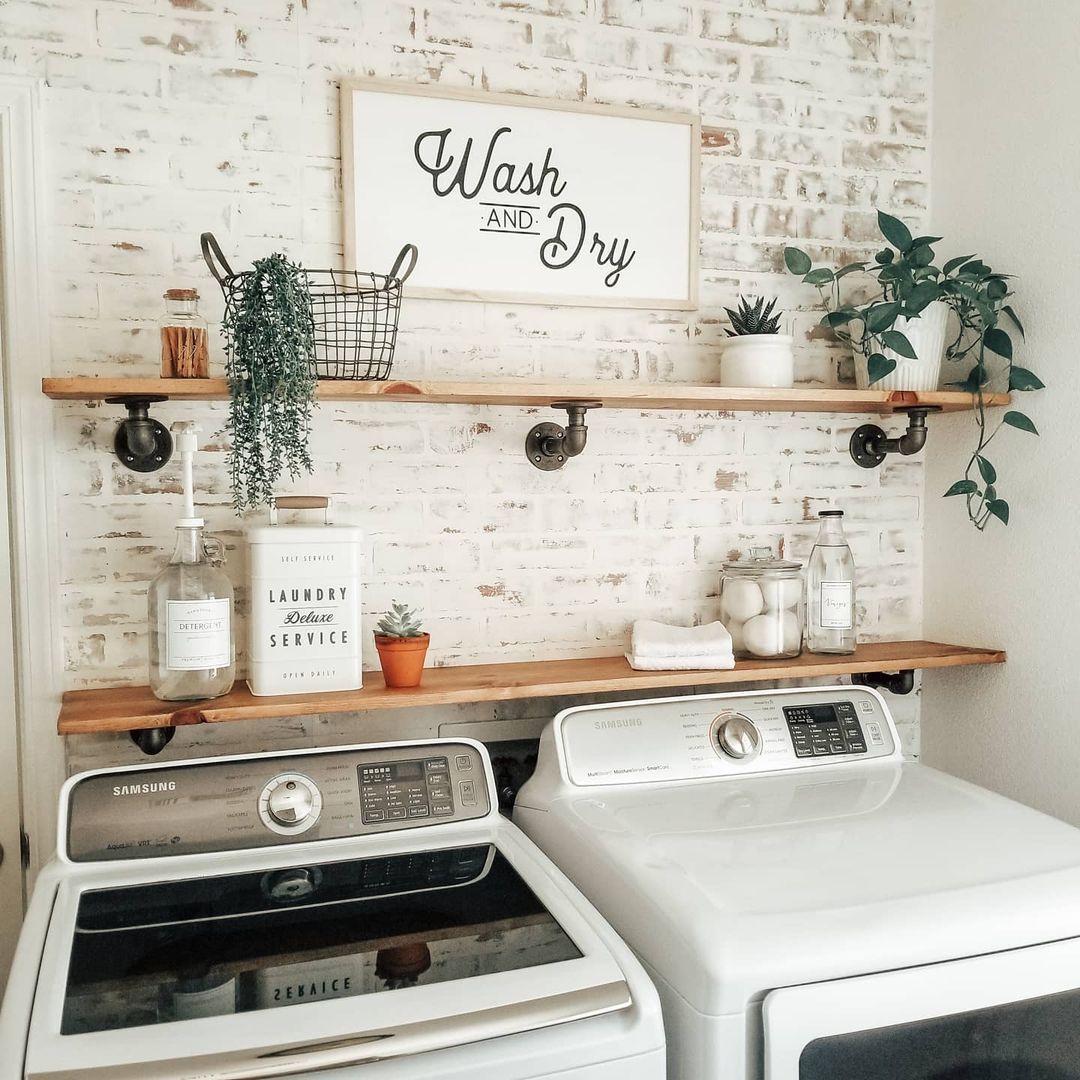 Industrial Chic Laundry Room with Brick Wall