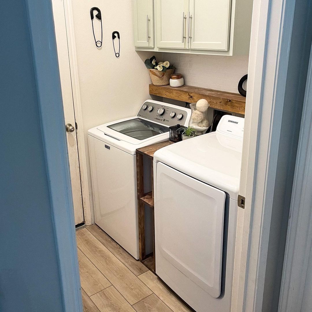 Compact Laundry Room with Custom Built-In Shelf