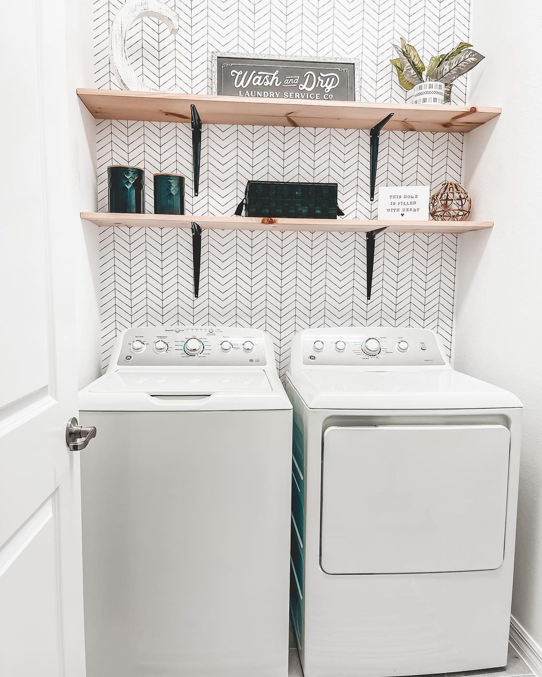 Modern Laundry Room with Herringbone Backsplash