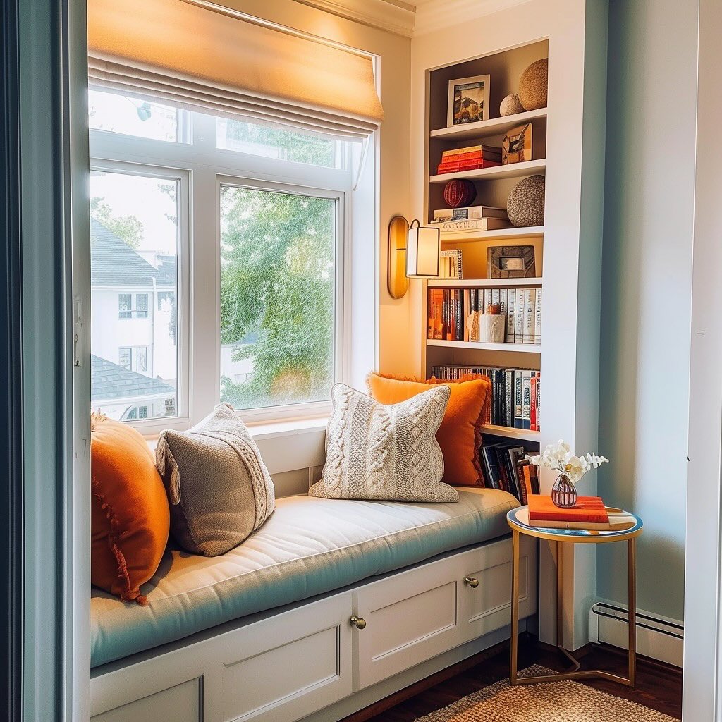 Cozy Window Nook with Built-in Bookshelves