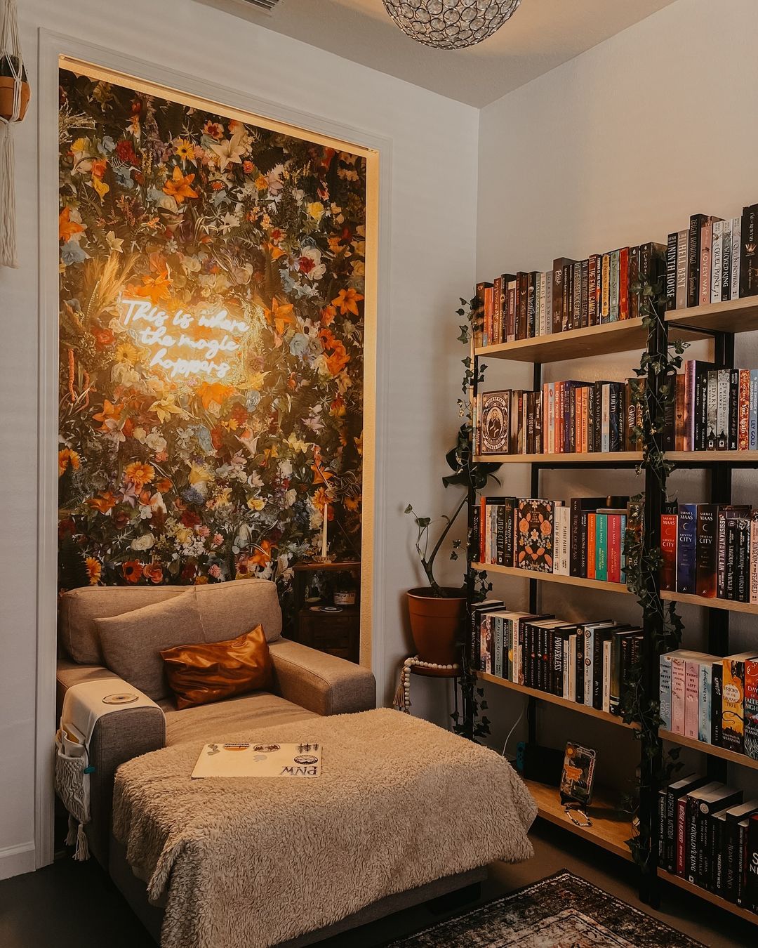 Bohemian Reading Space with Floral Accent Wall