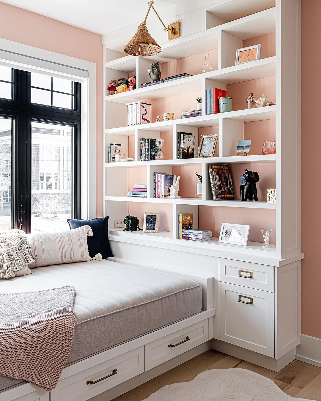 Chic Reading Corner with Built-in Shelves and Desk