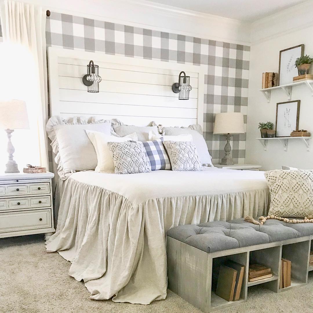 Farmhouse Shiplap Headboard with Plaid Accents