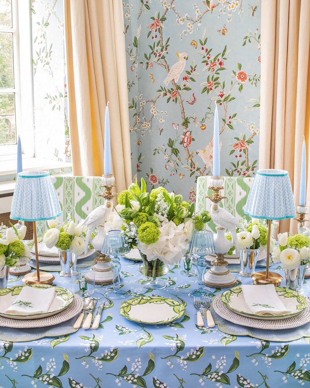 Elegant Blue and Green Floral Summer Table Setting