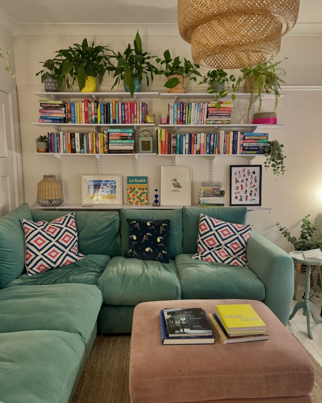 Organized and Lively Living Room Wall Shelves