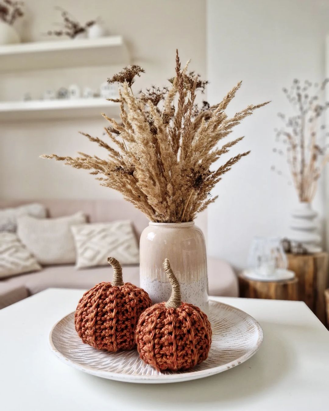 Minimalist Fall Display with Crochet Pumpkins