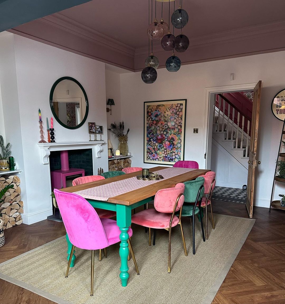 Vibrant and Eclectic Dining Room with a Colorful Fireplace