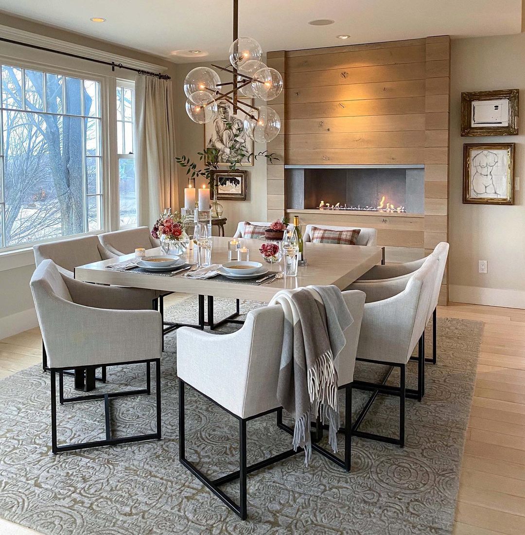 Cozy Contemporary Dining Room with a Linear Fireplace