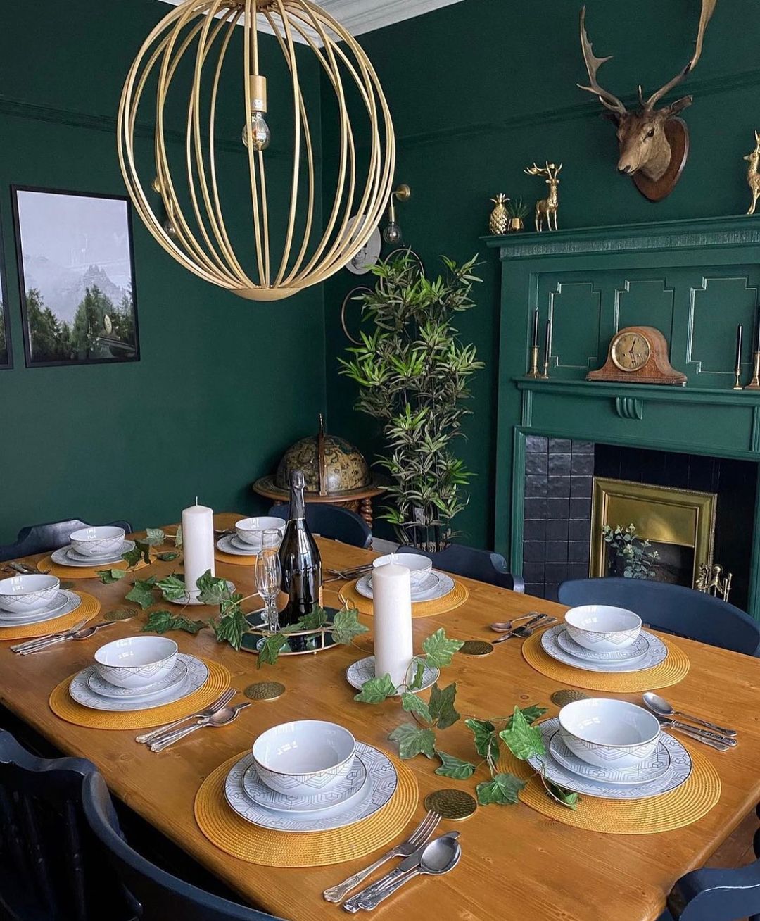 Bold and Cozy Dining Room with a Dark Green Fireplace